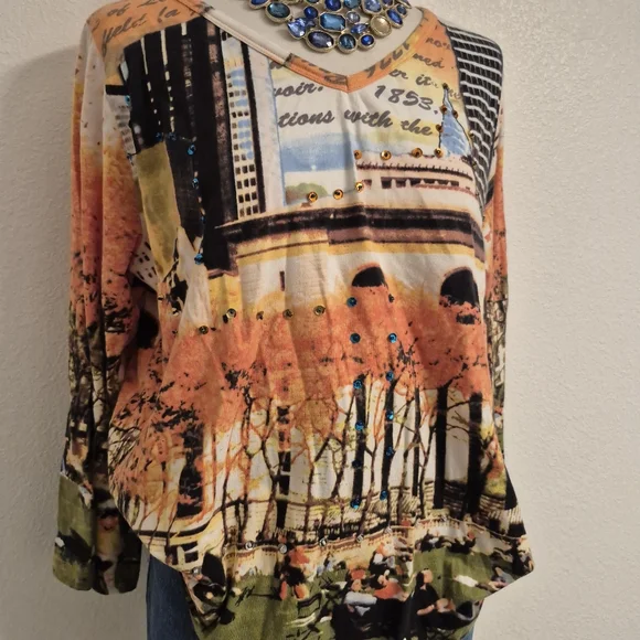 French Postcatds Scenic Novelty Print Long Sleeve Top Soft Womens Size L - Picture 4 of 12